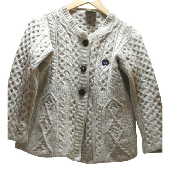 Carraigdonn Ireland Aran Cable Knit Wool Cardigan Womens Small Notre Dame Logo - Picture 1 of 9